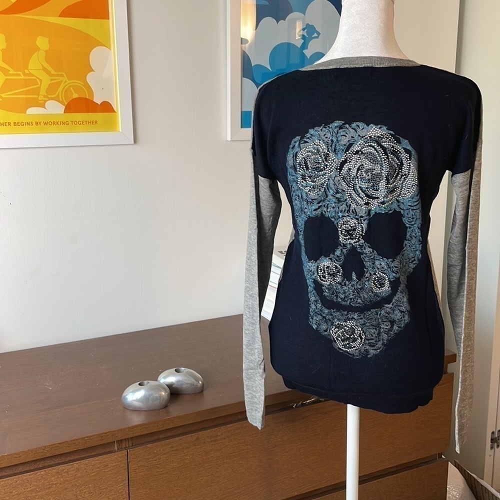 Zadig & Voltaire Skull Jewel Navy Gray Cardigan Pearl Buttons M - Picture 3 of 6